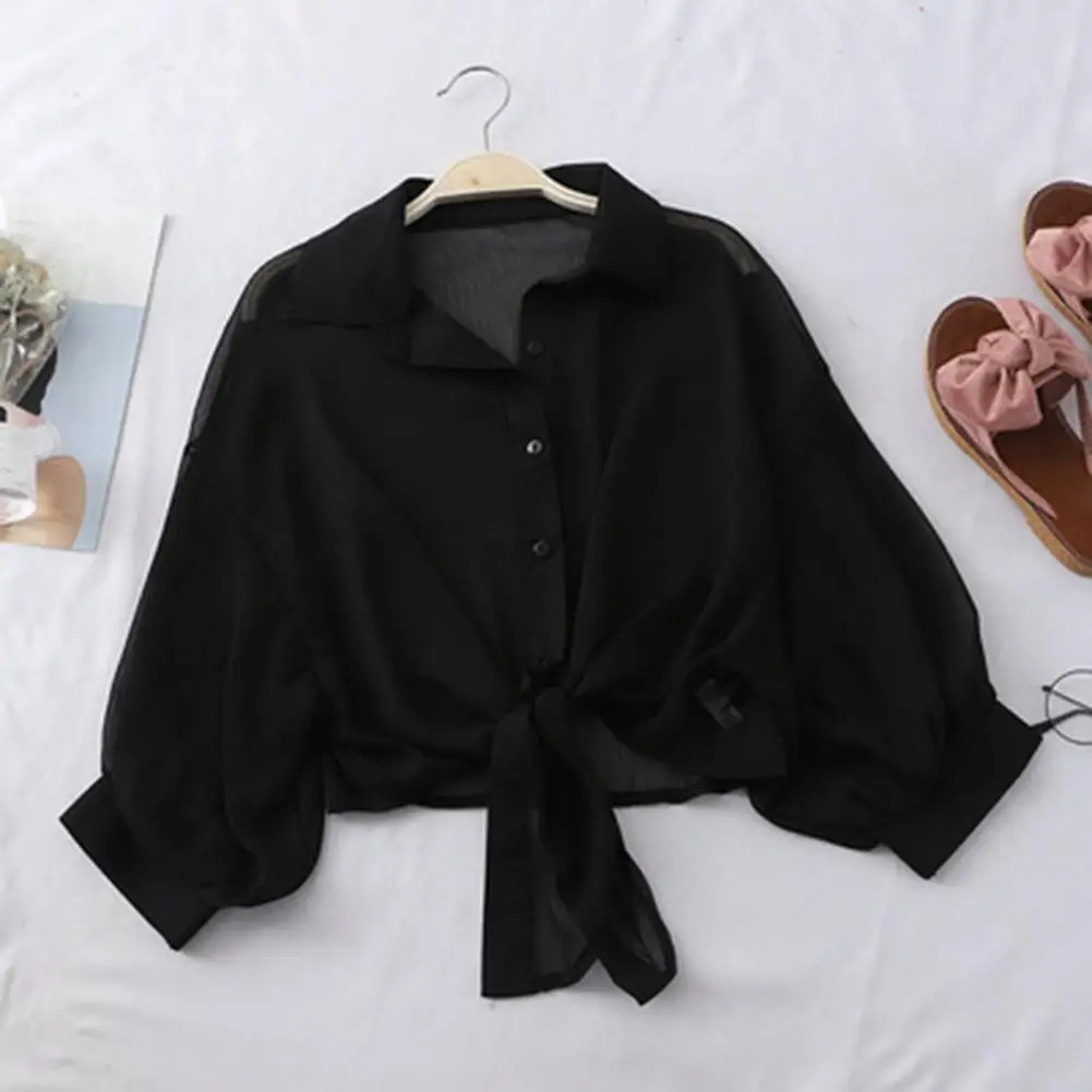 Beautiful Outdoor Shirt Lapel Breathable Tie Waist Casual Solid Color Summer Blouses