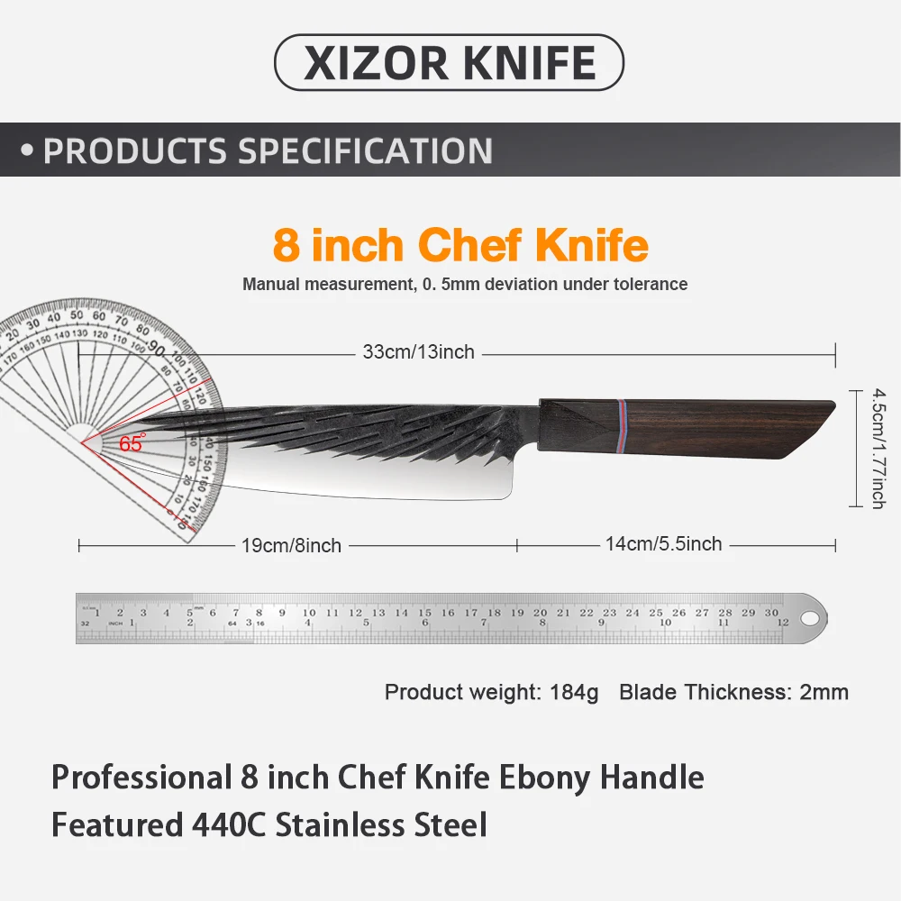 Japanese 8 Inch Chef Knife High Carbon Stainless Steel Kitchen Knife Sharp Cleaver Vegetable and Meat Slicing Knife Ebony Handle