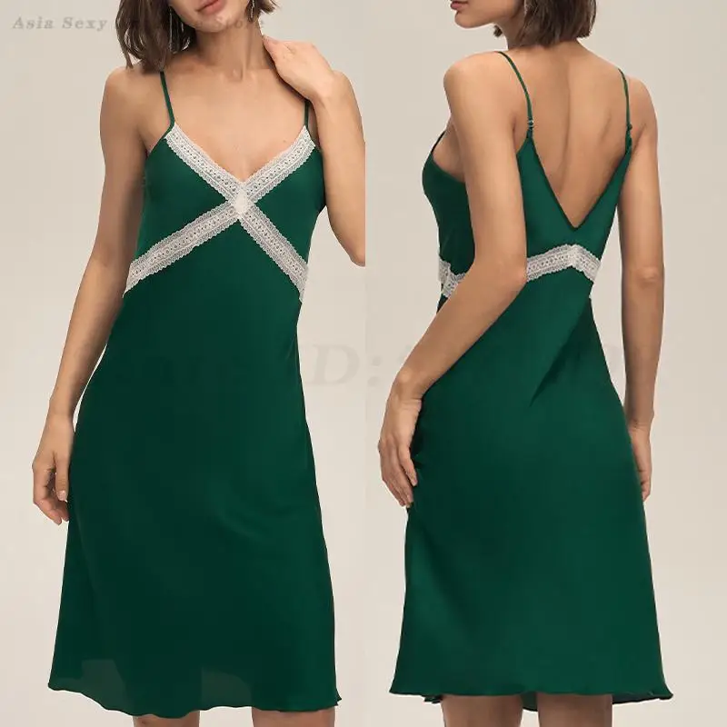 

Кружевная ночная рубашка с открытой спиной, интимное белье, сексуальная ночная рубашка на тонких бретельках, сорочка, одежда для сна, шелковистый атлас, домашний халат