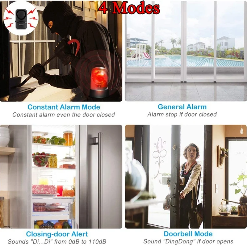 Wireless Door Window Burglar Sensor 4 Modes Alarm Door Open Detectors Freezers Close Reminder Security Protection-ABJU