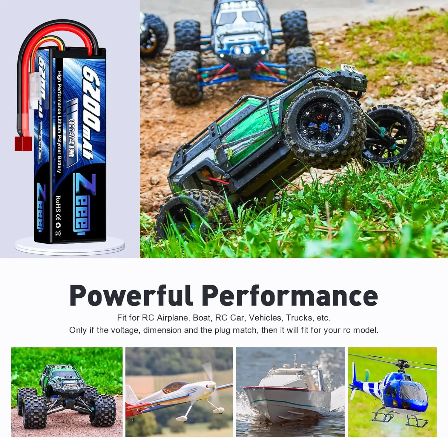 1/2units Zeee 7.4V 60C 6200mAh Lipo Battery with Deans Plug 2S Hardcase RC Lipo Battery for RC Car Truck Vehicles Truggy Boat