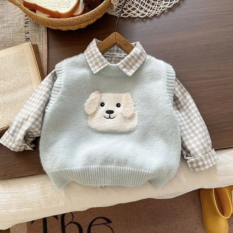 

Boys Set Spring Autumn Kids Plaid Shirt And Cute Vest Casual Two-Piece Set Children's Korean Style Outfit for Kids