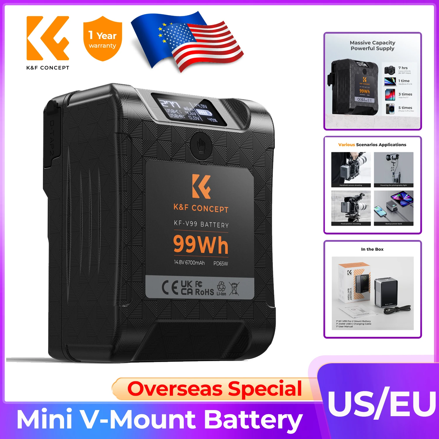 K&F CONCEPT V Mount Battery OLED Screen 99Wh New Mini V-Mount Battery 6700mAh 14.8V 65W PD USB-C Fast Charger with USB-A Cameras