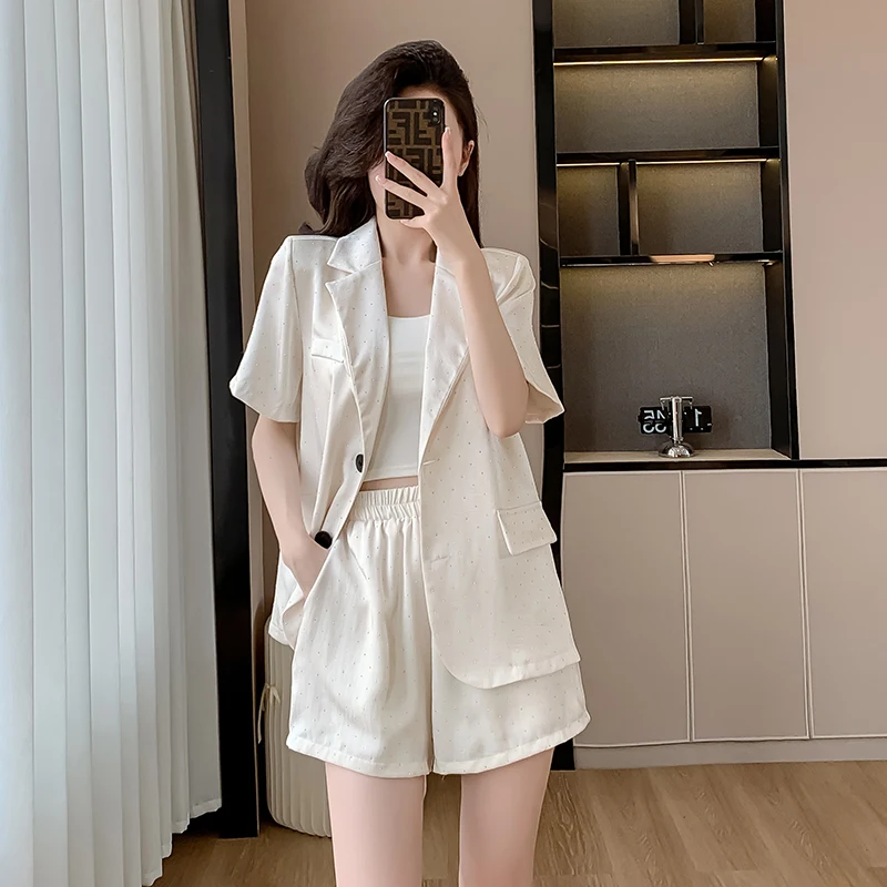 Summer New Heavy Craft Full Sky Star Diamond Thin Sunscreen Suit Coat+High Waist Casual Shorts Two Piece Set