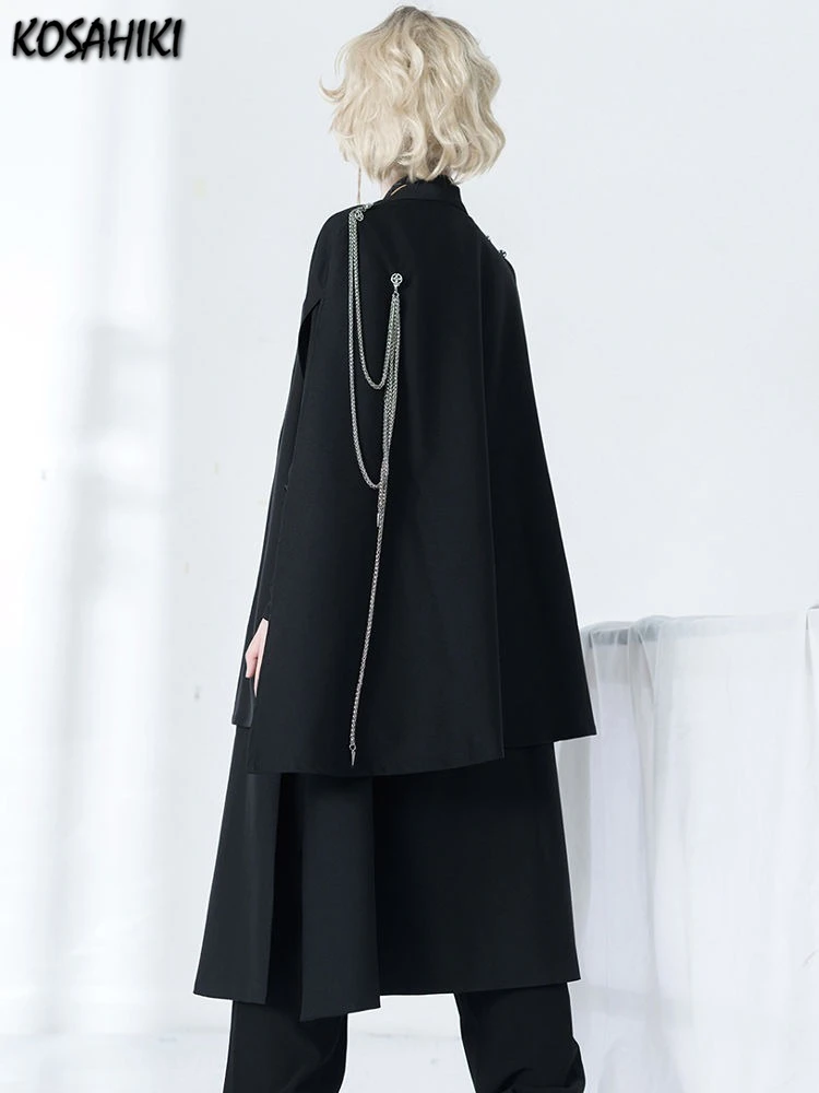 

Harajuku Women Black Jackets Gothic Vintage Cloak Coats Y2k Aesthetic Loose Zipper Jacket Streetwear Grunge Sleeveless Split Top