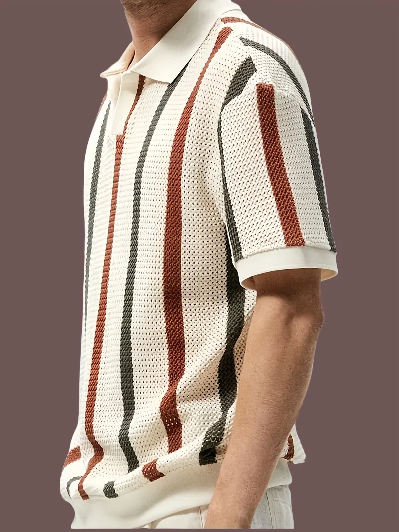 Men's New Summer Striped Sheer Design Knitted Crew-Neck Sweater - Versatile and Fashionable Short-Sleeved Pullover Shirt