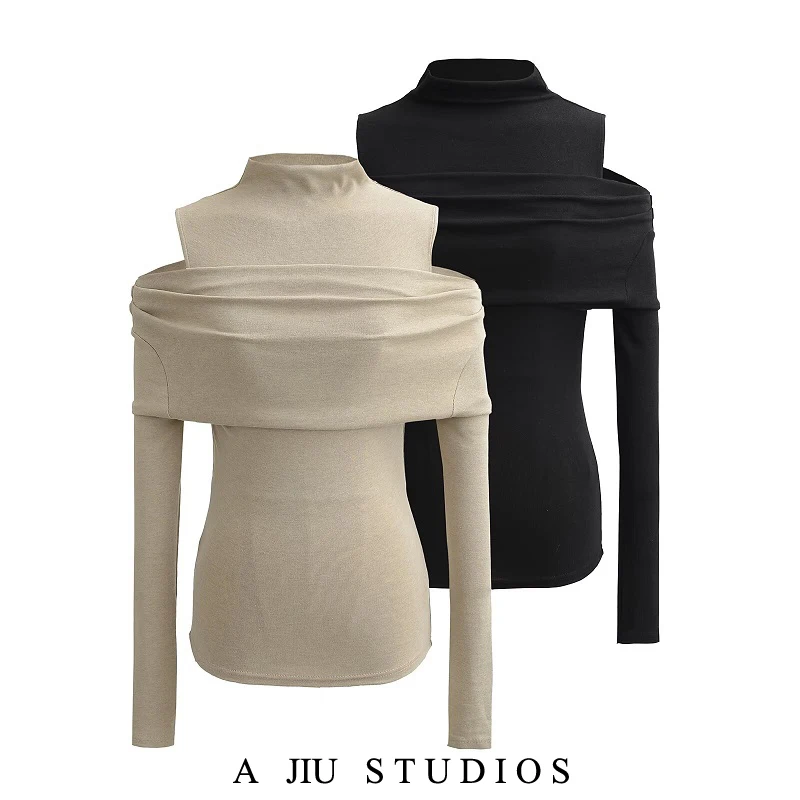 

Корейская женская футболка Sle Long Sve oulder Bared для похудения, сексуальная девушка Pure Desire Sle, весенний модный повседневный хлопковый топ