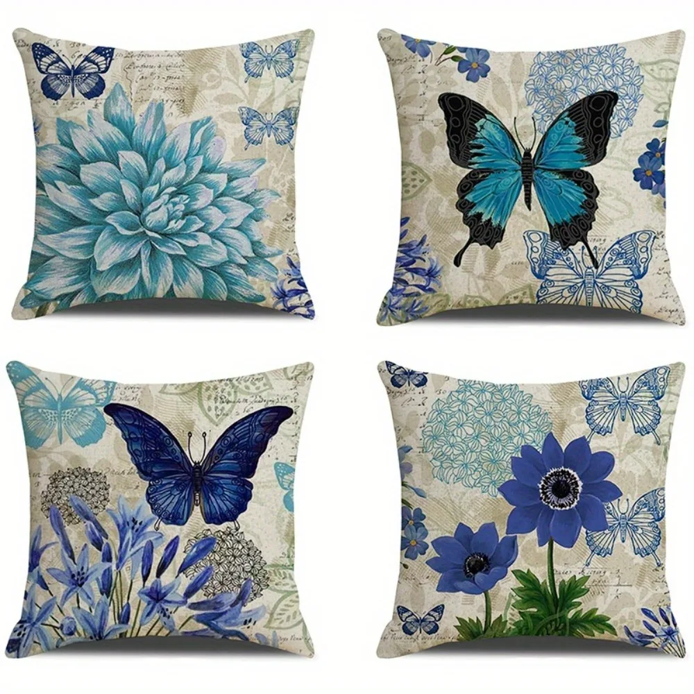 

Blue Butterfly & Floral Vintage Pillowcase, Artistic Boho Design, Elegant Home Decor Cushion Cover