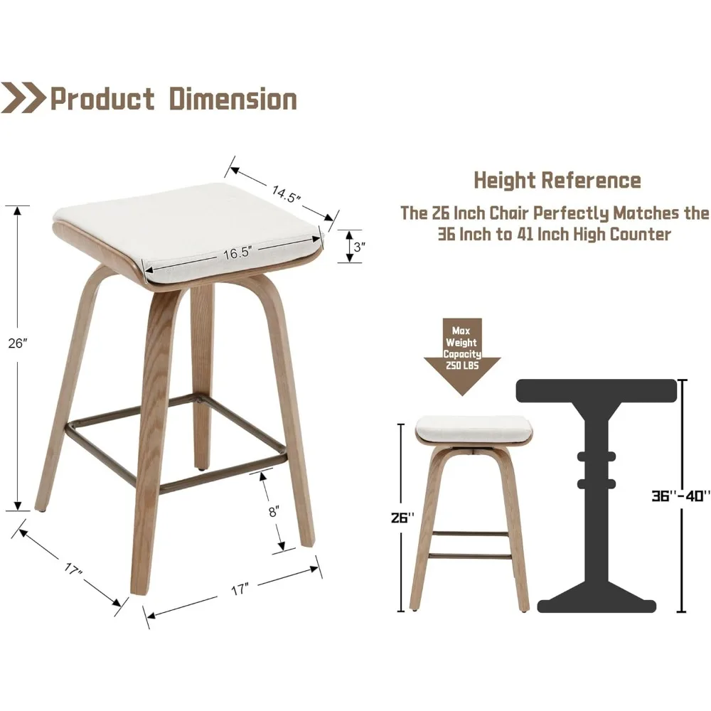 26インチ 回転カウンタースツール カウンター高さバースツール 4個セット 素朴なファームハウス バックレス回転バースツール ベージュ リネンクッション B