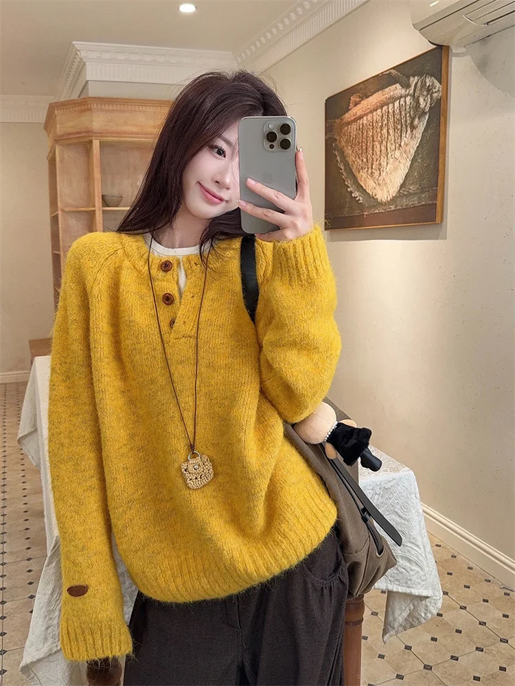 

Autumn Winter Casual Basic Sweater Bright Color Niche Yellow Top for Women Versatile Oat Soft Long Sleeved Knitted Pullovers