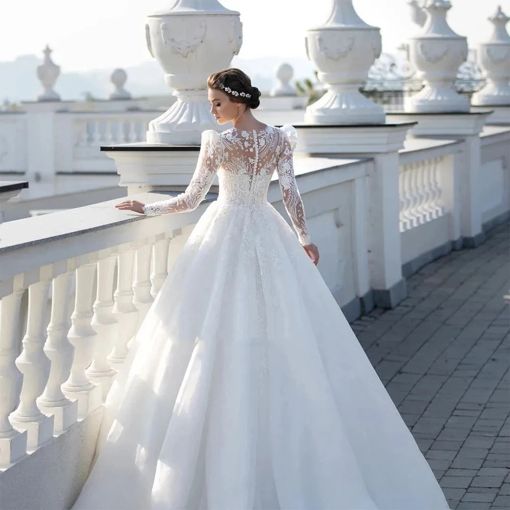 Abiti da sposa da donna di lusso una linea Illusion manica lunga con Appliques abiti da ballo abiti da ballo per feste da sposa formali Vestido