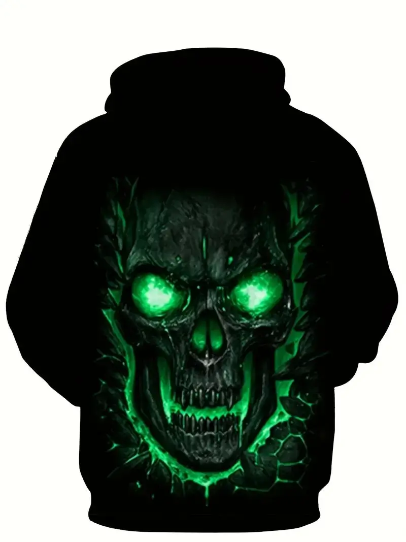 2023 Skull Print Hoodie, Men's Casual Graphic Design Pullover Hooded Sweatshirt With Kangaroo Pocket Streetwear For Winter Fall,