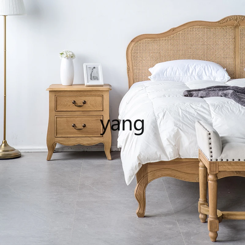 LTT French retro old wabi wind oak frame bed carved solid wood double bed