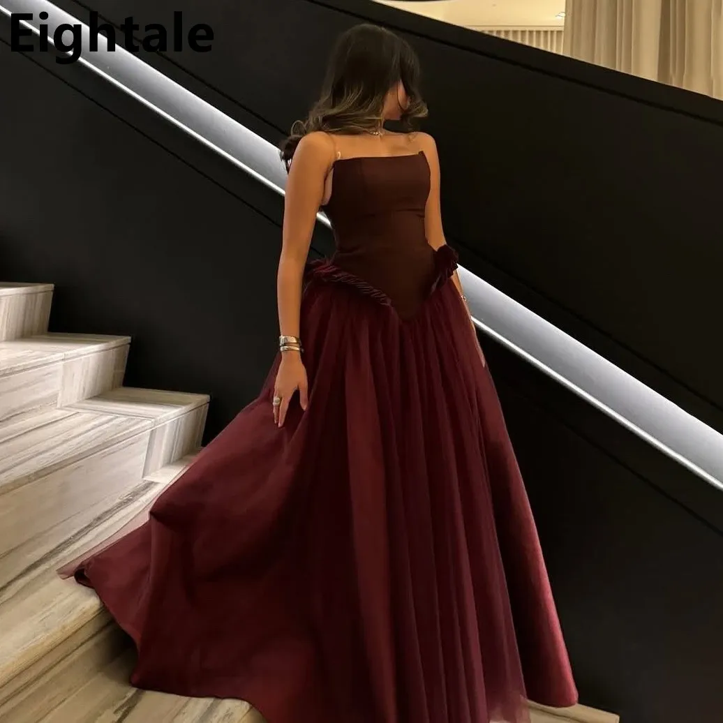 

Eightale 2025 A Line Burgundy Tulle Satin Evening Dress Wedding Party Strapless Prom Dress Saudi Arabic Party Gown Customized