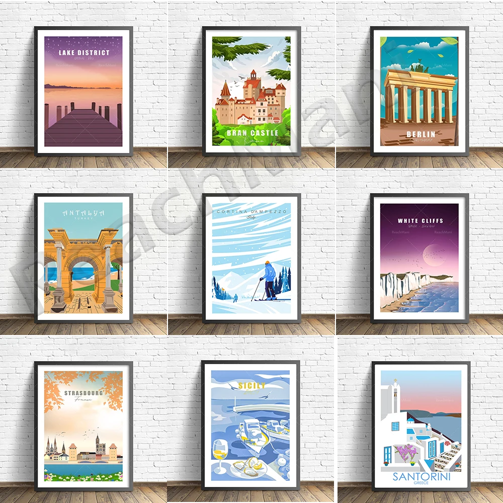 Italy Ski, Strasbourg, Bran Castle Romania, Sicily, French Riviera, UK, Antalya Turkey, Sweden, Berlin, England travel poster