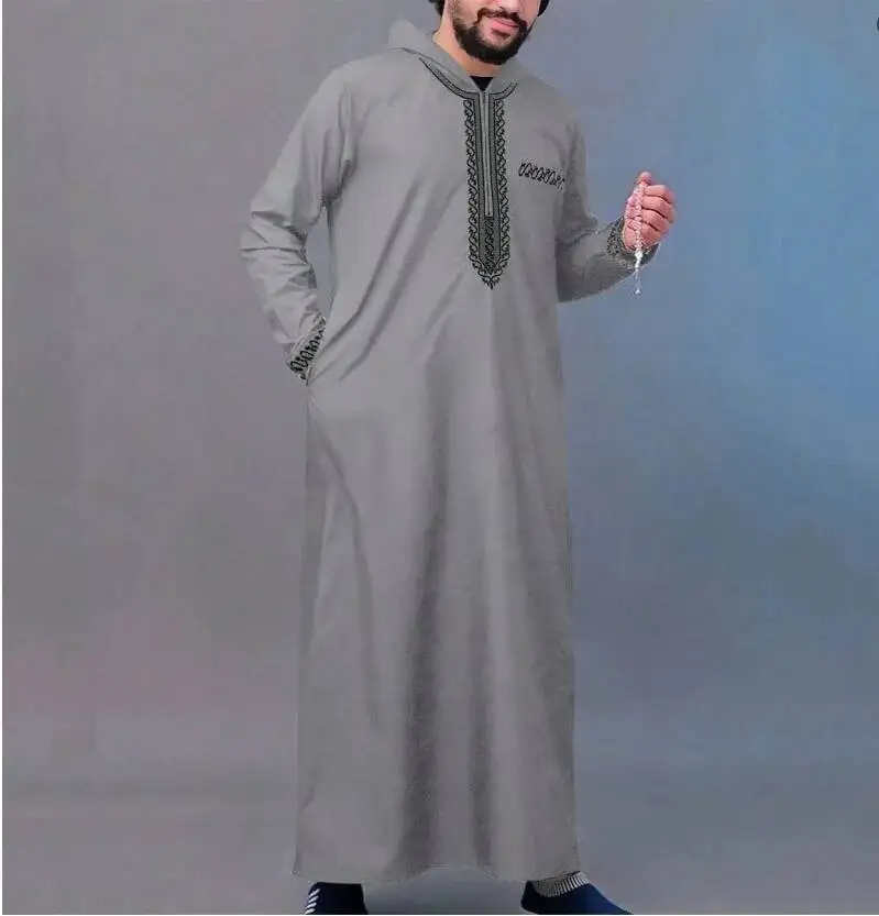 2025 Loose Muslim Men's Robe Long Sleeve Embroidered Hooded Zipper Islamic Loose Casual Men's Robe Dubai Luxury Islam Elegant