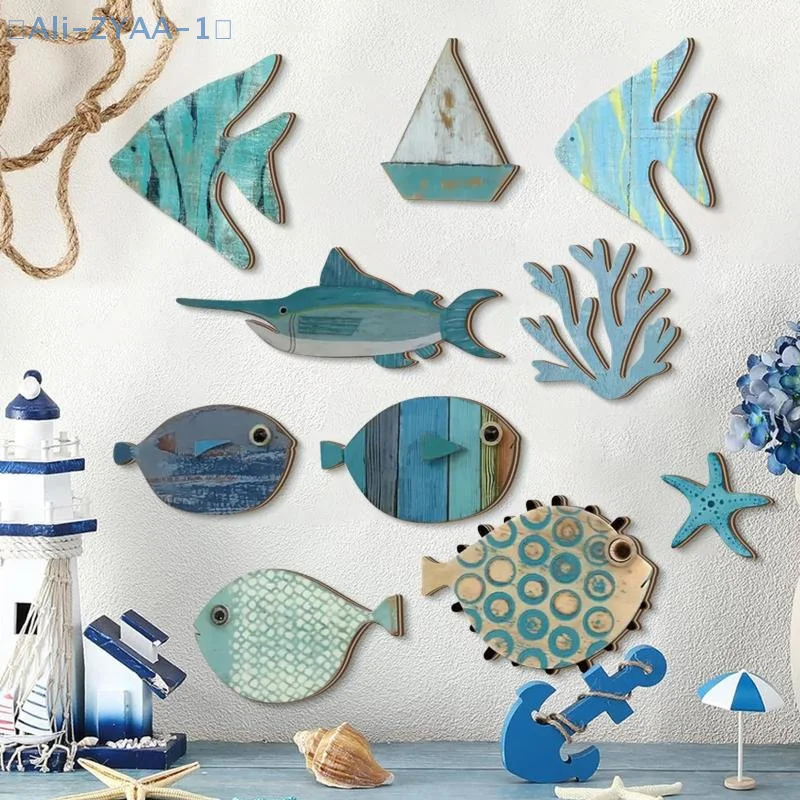 【ZYAA-1】10 unids/set decoración de pared de peces peces de madera colgante tema de playa baño arte náutico océano costero decoración del hogar