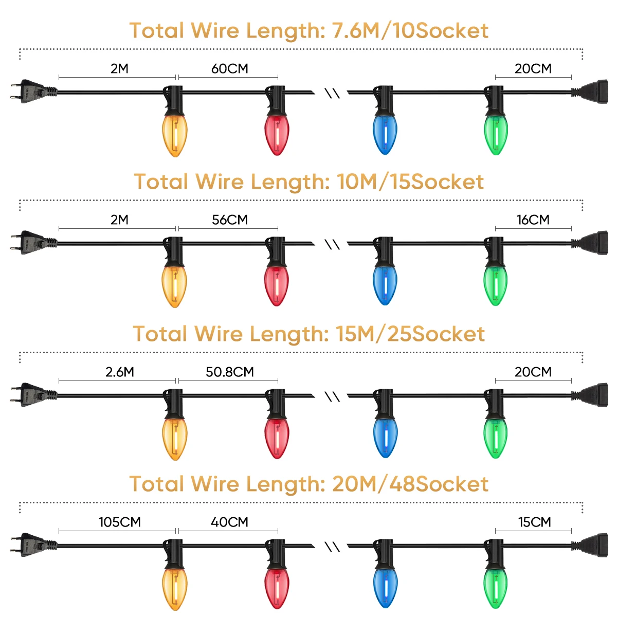 Guirnalda de calle C7 de plástico E12, 220V, UE, cadena de luces para exteriores, 110V, EE. UU., coloridas, inastillables, impermeables, luces colgantes para jardín