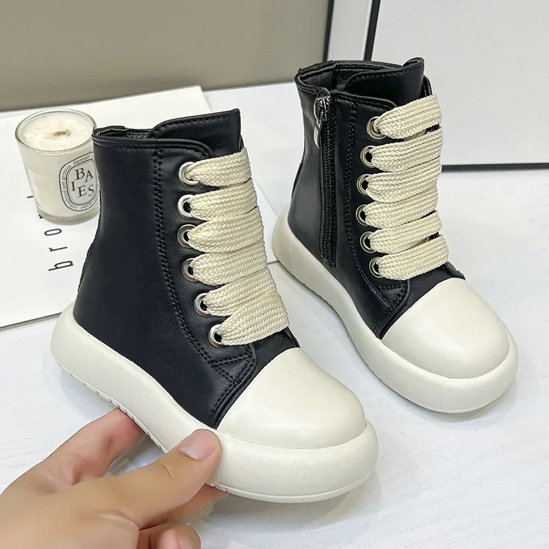 Luxury Brand Design Children Leather Boots Boys High Top Casual Sneakers Fashion Kids Girls Platform Ankle Boots Lace Up Shoes