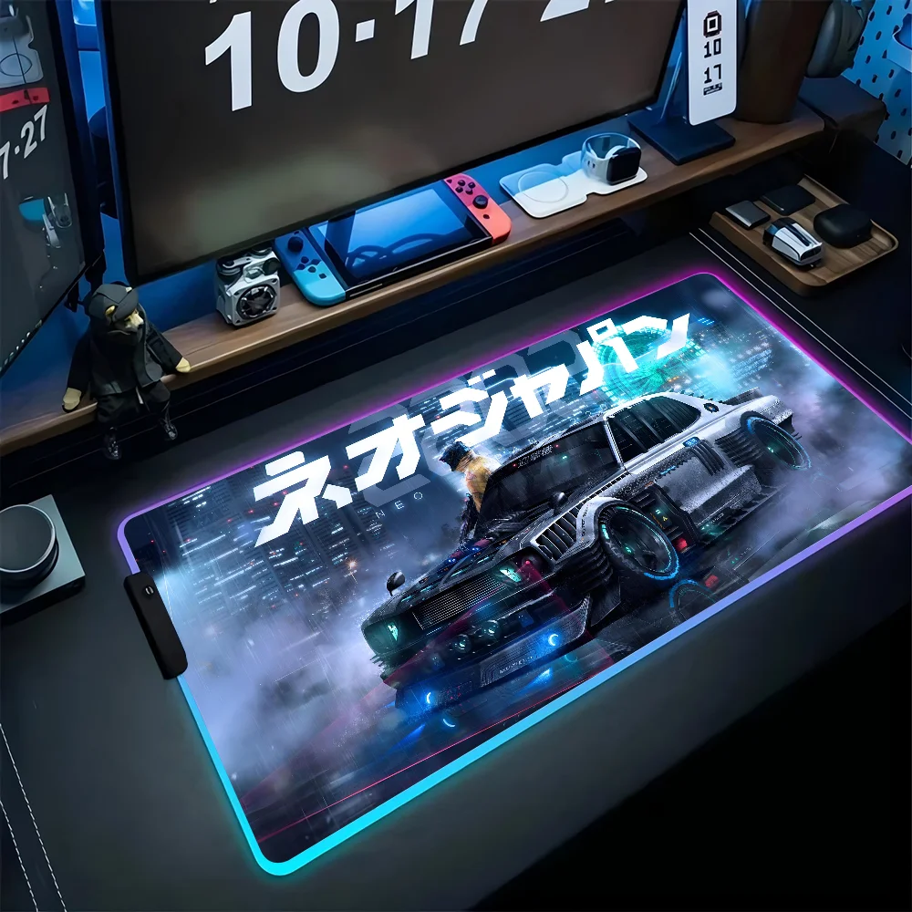 

Hot Japan Neon Car Mousepad XXL RGB Gaming Mouse Pads HD Black Gamer Accessories Large LED