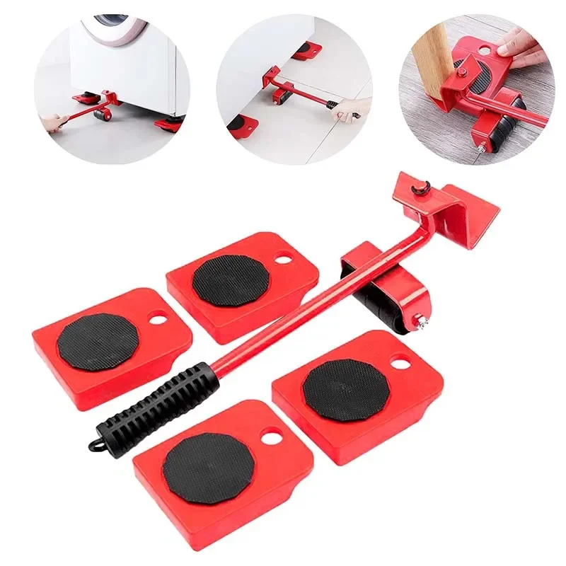 5Pcs Furniture Mover Tool Set Heavy Stuffs Moving Roller with Bar Furniture Mover Lifter with Wheel Professional Moving Tool