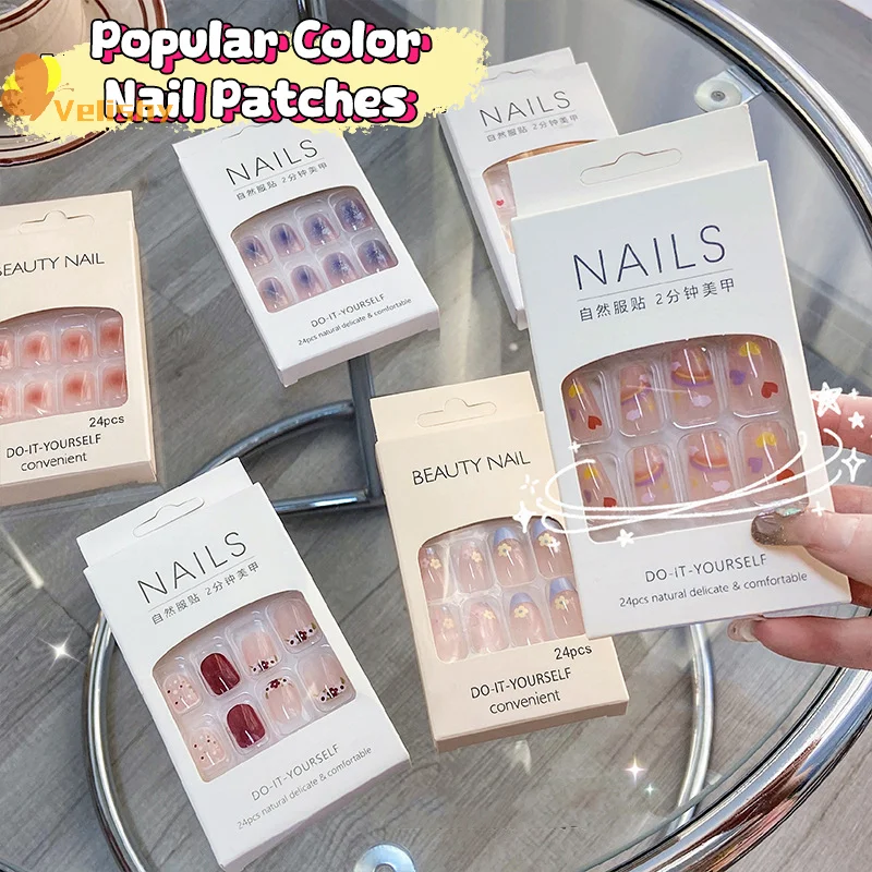 2025 أحدث 24 قطعة/المجموعة مسمار الفن الفرنسية الأظافر وهمية مجموعة مع الغراء ABS البلاستيك-ملصقات أظافر قصيرة بسيطة