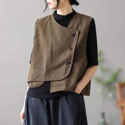 

Vests Women Pure Design Personality Retro Crop All-match Summer Korean Style Female Pocket Popular Minimalist Daily