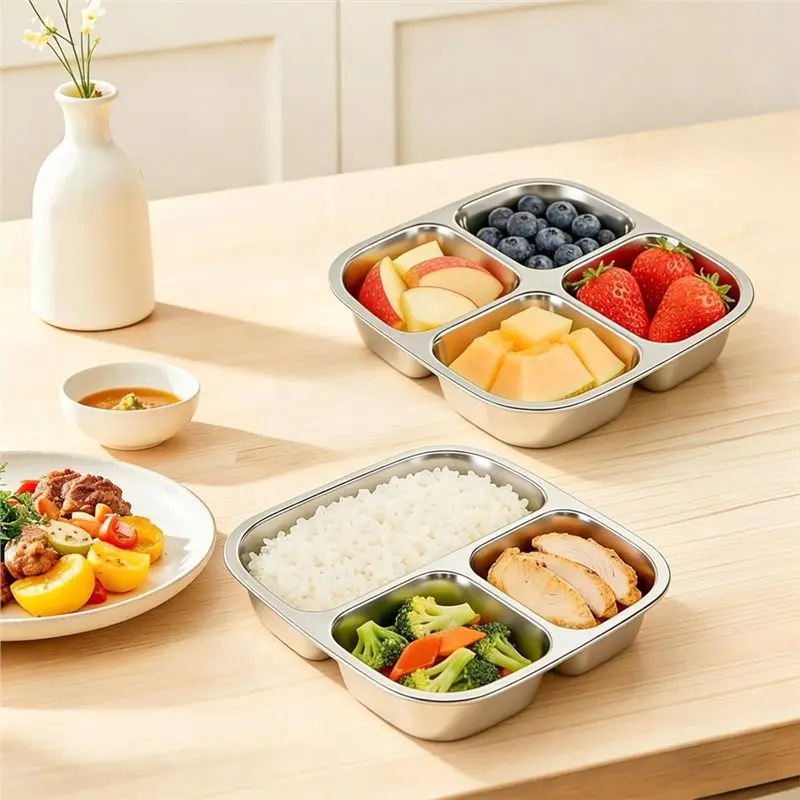 Stainless Steel 600Ml Snackbox 2 Pieces With 7 Compartments Reusable Lunch Box With Storage Space