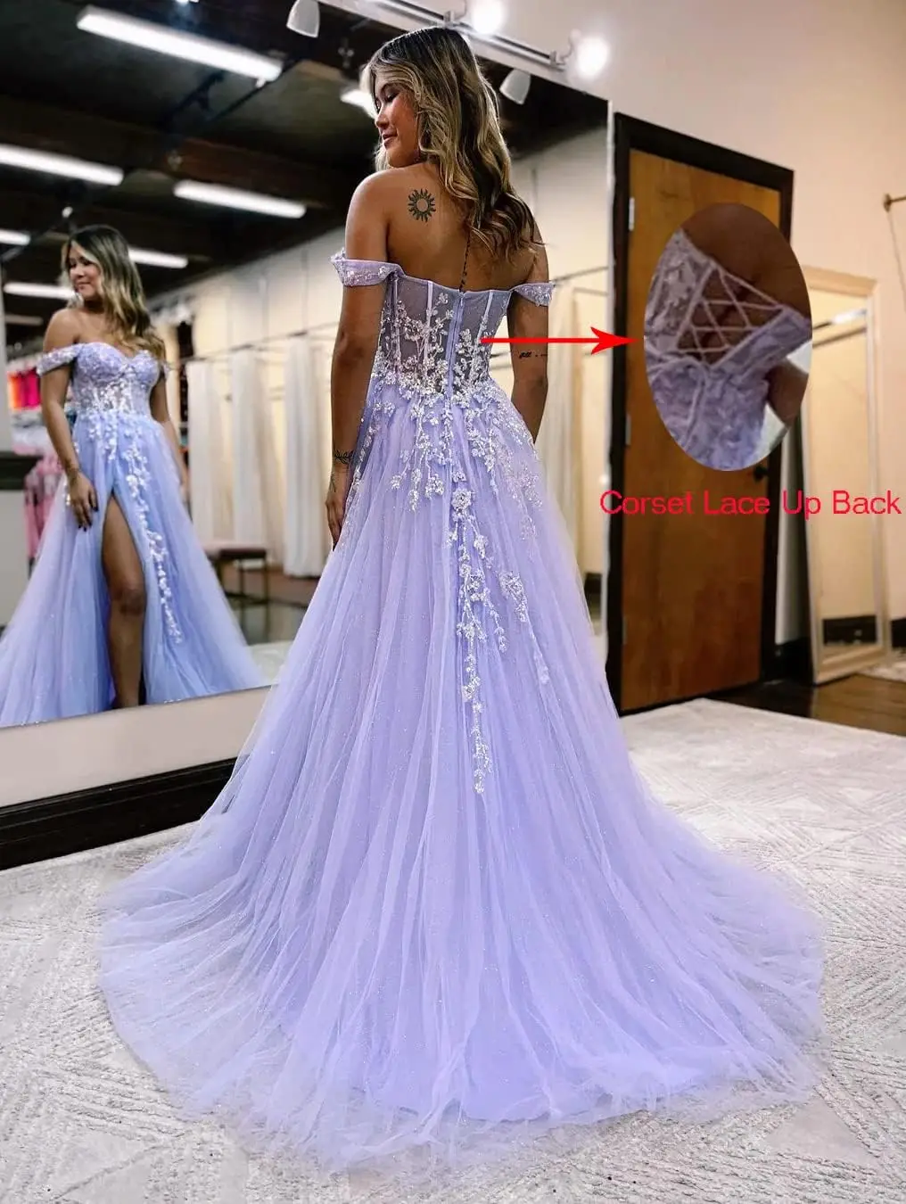 فستان حفلة موسيقية من التول مكشوف الكتفين مع شق مزين بالدانتيل اللامع مشد رسمي للحفلات المسائية فساتين الحفلات النسائية المسائية