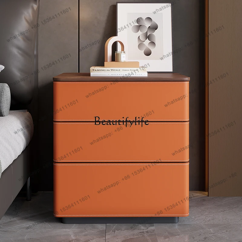 yj7 Light luxury saddle leather bedside table Modern household solid wood bedside table High three-bucket cabinet