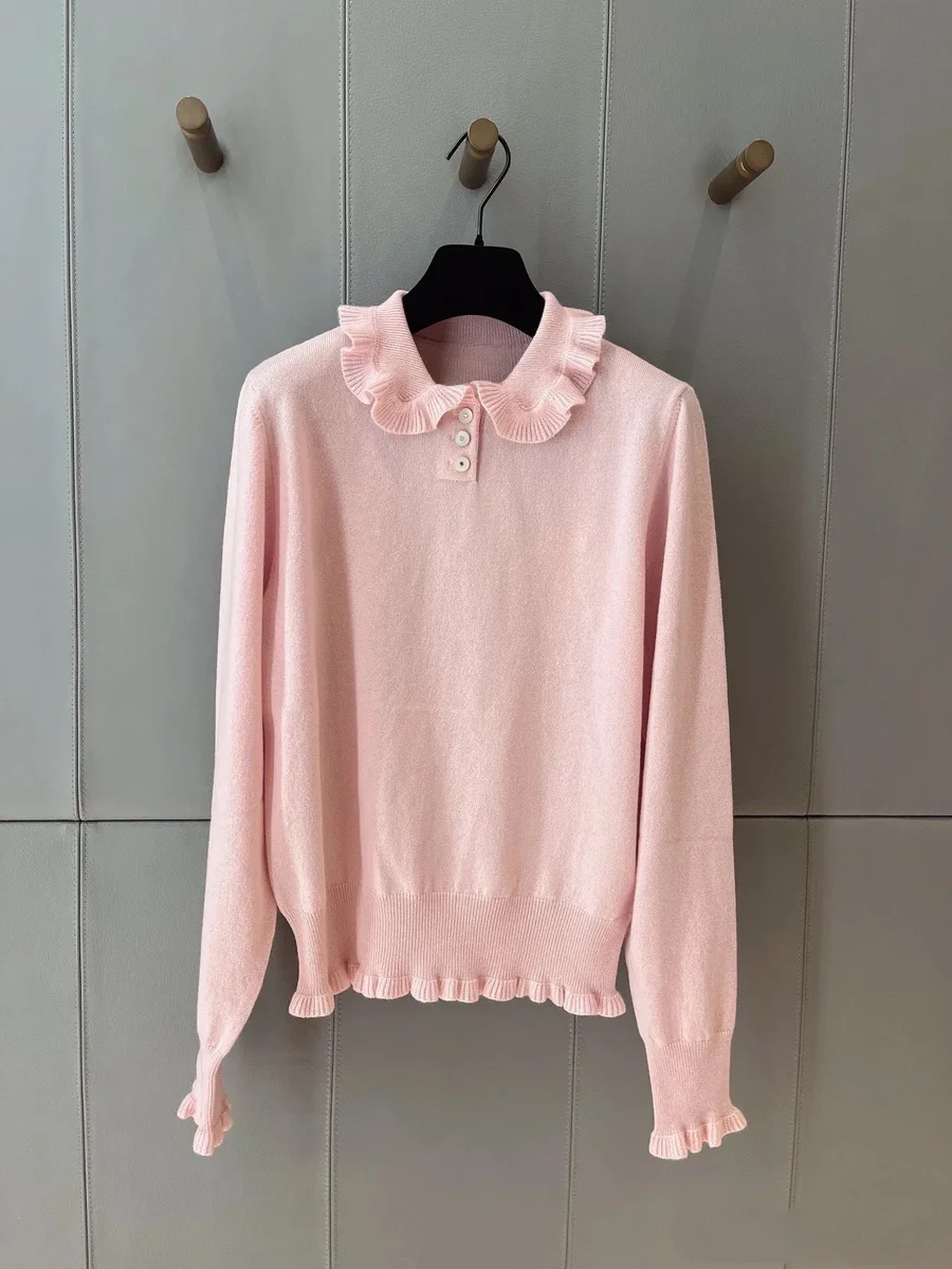 

Sweet Girls Ruffles Peter Pan Collar Pink Cashmere Sweater 2025 New Autumn Long Sleeve Fashion Blue Knitwears