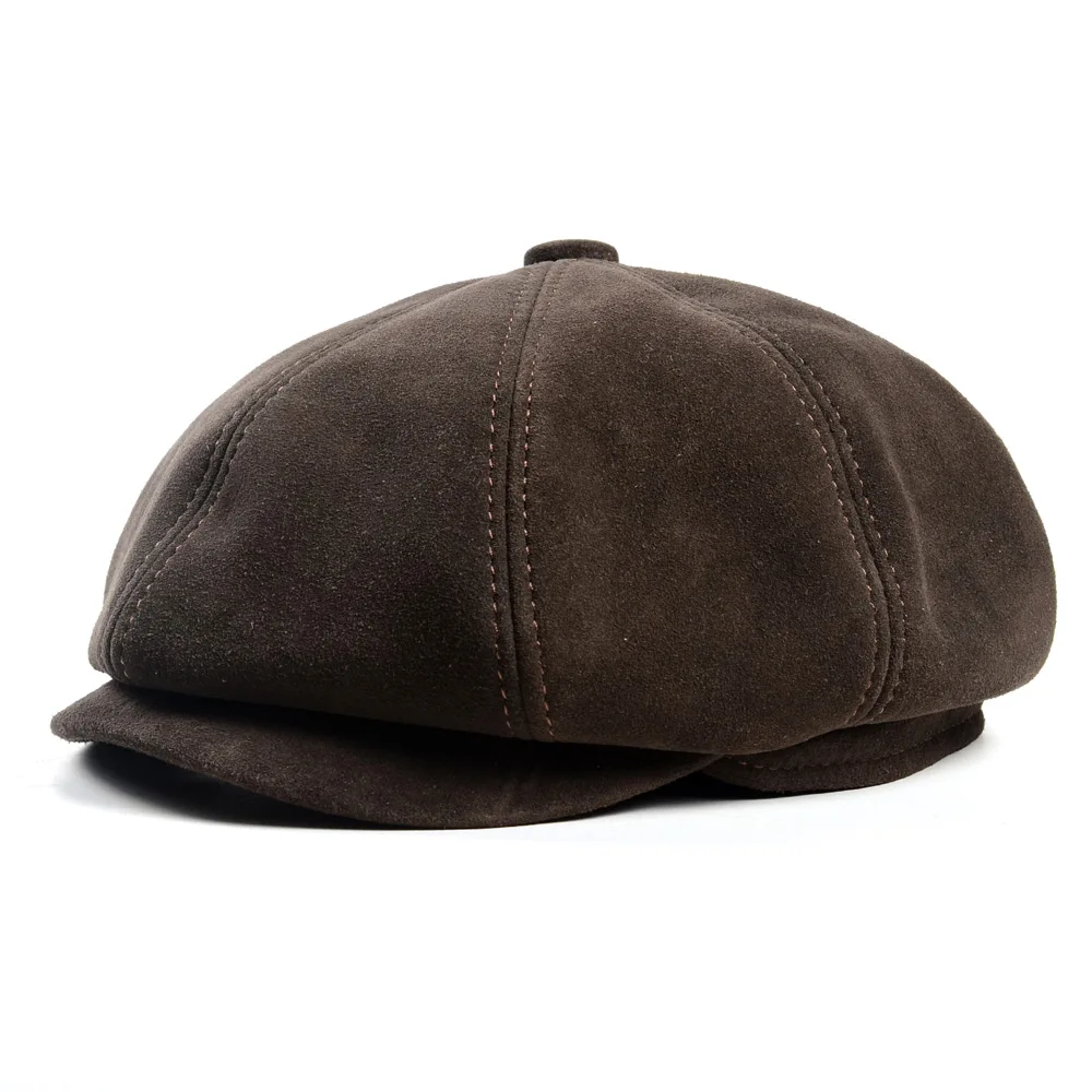 Suede Octagonal Beret Cap Men Women Winter Fashion Casual Newsboy Hat Genuine Leather Warm Coffee Boina Hombre