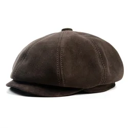 Suede Octagonal Beret Cap Men Women Winter Fashion Casual Newsboy Hat Genuine Leather Warm Coffee Boina Hombre