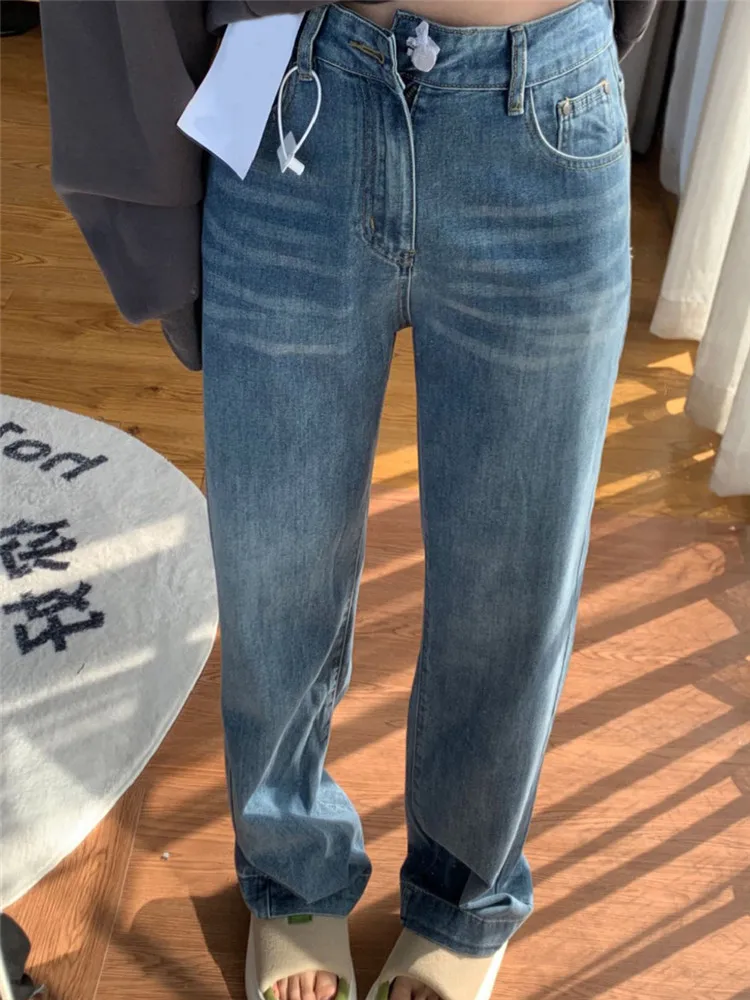 

American High Street Retro Blue Straight Leg Jeans Women's Spring Autumn High Waist Slimming Tall Extended Color Block Floor-...