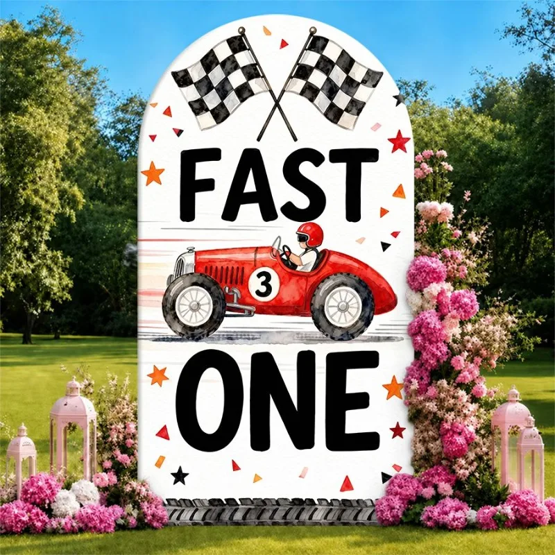 

Single Side Arch Backdrop Cover Racing Theme Background Banner Featuring Red Vintage Car Number 3 with Checkered Flags