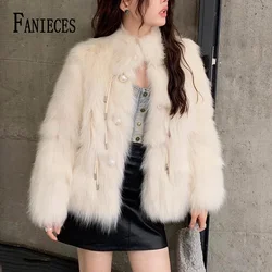 FANIECE Fluffy Faux Fur Coat Women Stand Collar Pearl Buckle Plush Jacket Winter Warm Shaggy Overcoat Tops шубы 2023 куртка 퍼 자켓