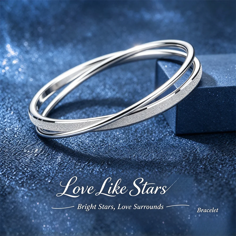 999 Sterling Silver Double Closed Bangle for Women, Sparkle Sand Mobius Stackable Silver Bracelet Gift