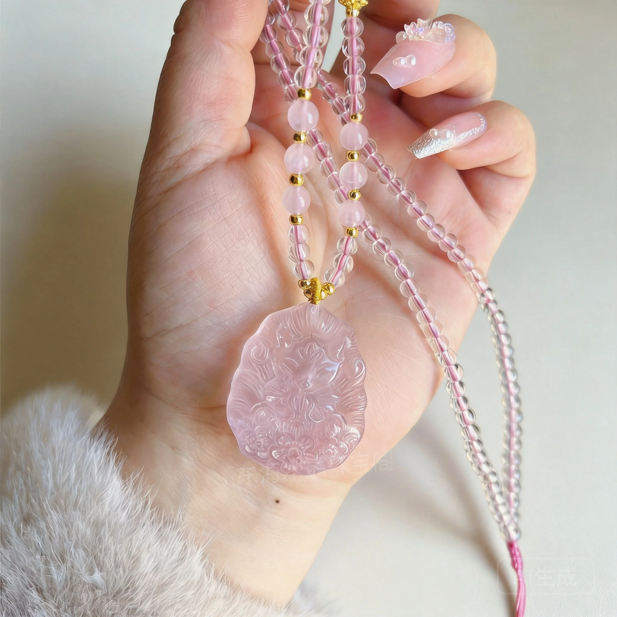 Chinese Style Natural Rose Quartz Carved Nine Tailed Fox Pendant Necklace Lucky Fortune Attract Love Blessing Healing Jewelry