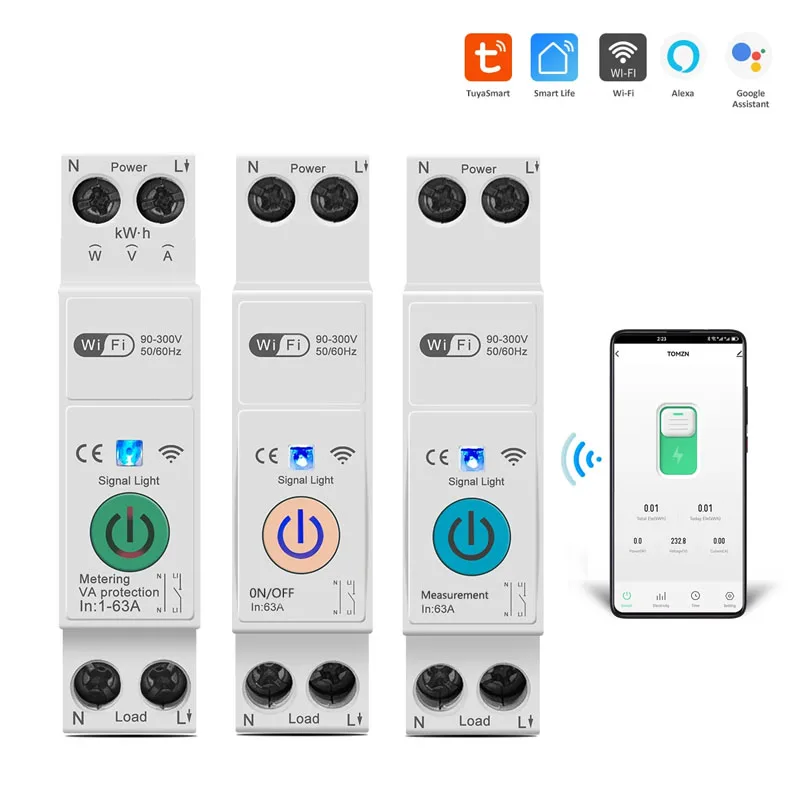 Tuya WiFi Smart Circuit Breaker MCB 1P+N 63A Timer Power Energy KWh Voltage Current Meter Protector Voice Remote Control Switch