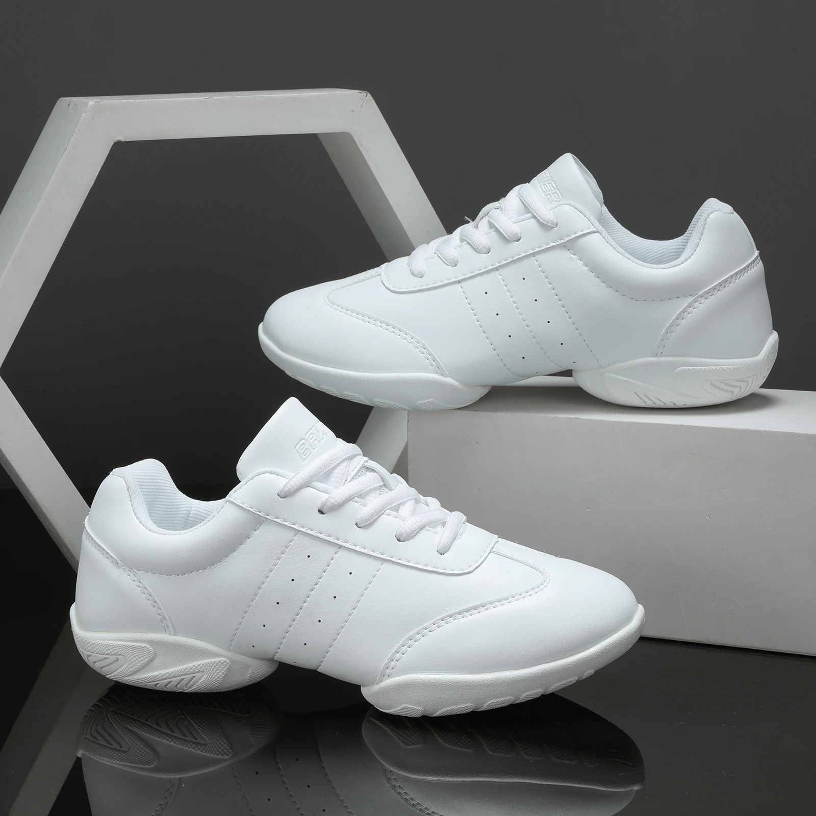 BAXINIER Girls White Cheerleading Dance Shoes Athletic Training Tennis Breathable Youth Competition Cheer Sneakers