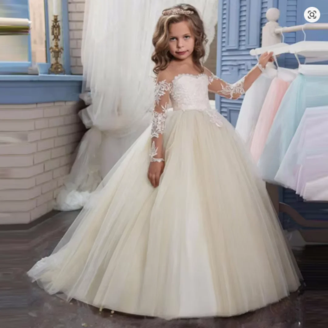 Robe à fleurs rose clair personnalisée pour filles, avec appliques blanches, manches longues, pour mariage, fête d'anniversaire et Communion