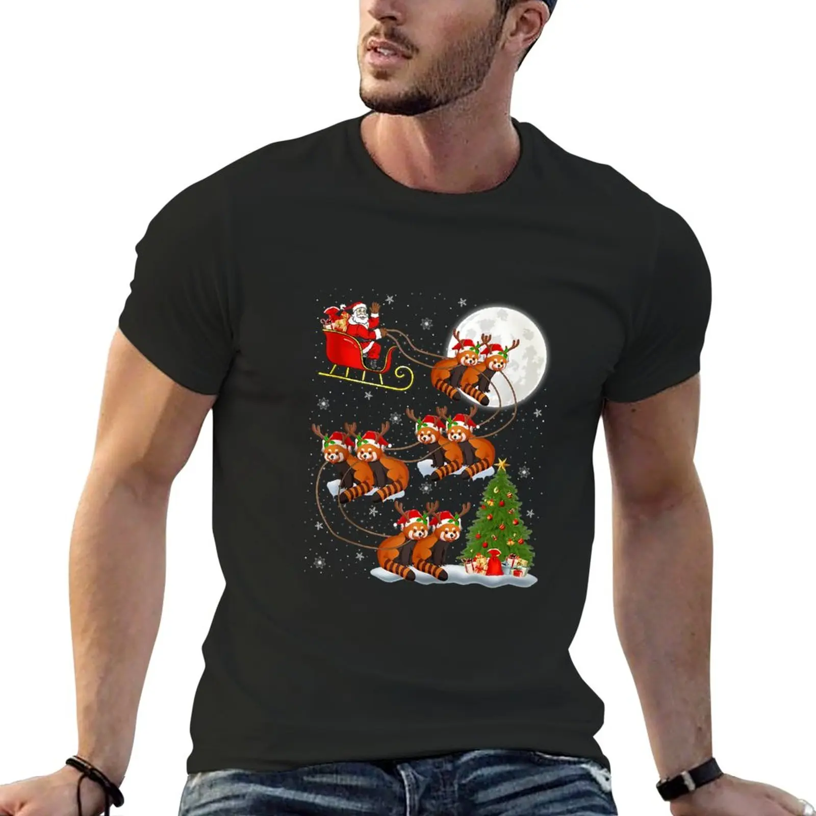 Funny Xmas Lighting Tree Santa Riding Red Panda Christmas T-Shirt korean fashion cute clothes sweat shirt mens t shirts