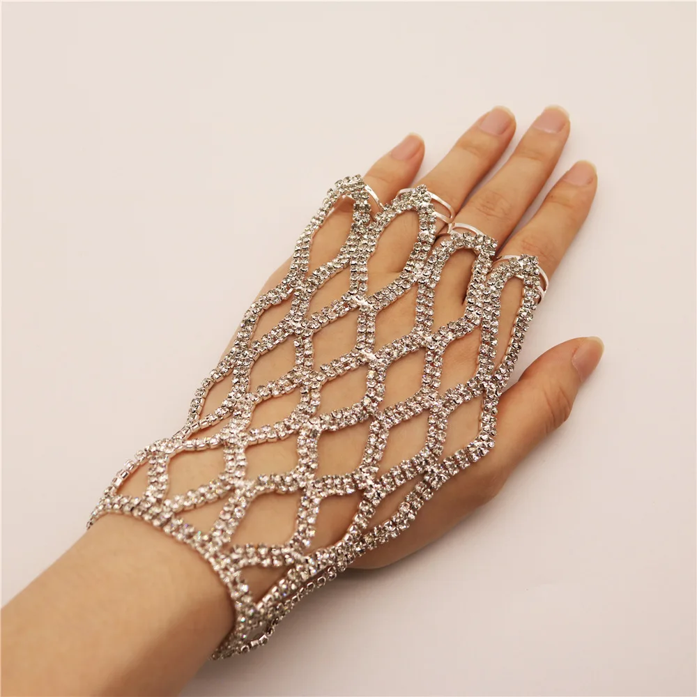 New Handmade Bohemia Rhinestone Mesh Finger Ring Bracelets for Women Belly Dance Crystal Bangle Fashion Jewelry Accessories