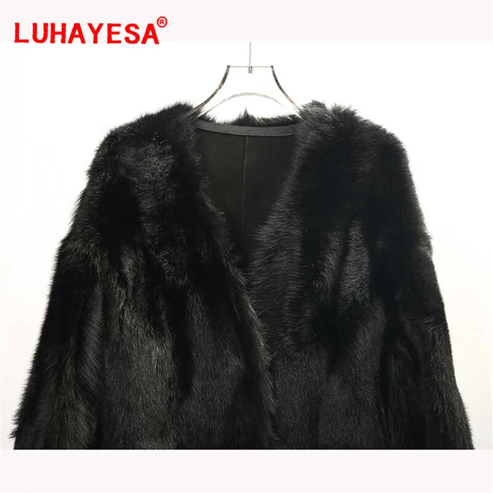 2024 Spain Tuscany Sheepskin Fur Shearling Clothing Women Black V Neck Medium Long Winter Warm Fur Coat