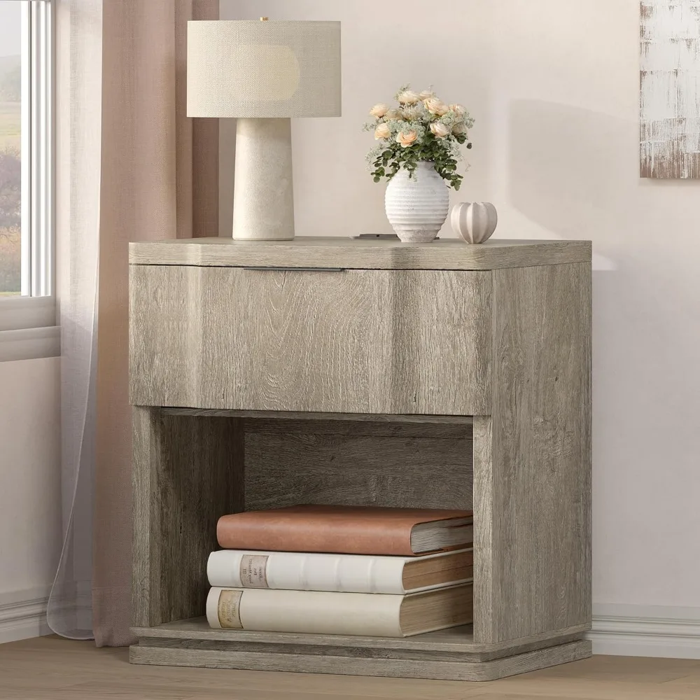 night stand with charging station, wooden mid century modern nightstand with drawer, bed side table with storage, large rustic f