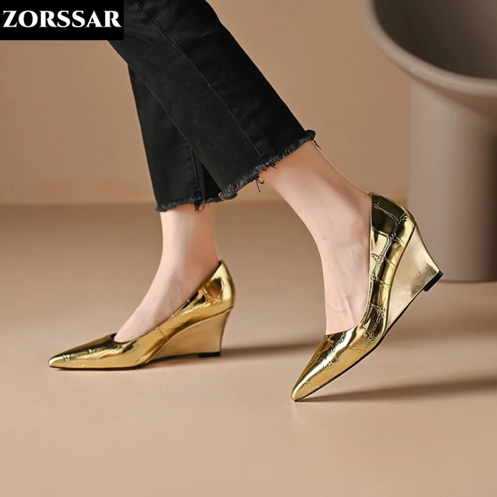 Women Wedge Shoes Silver Gold Genuine Leather Pointed Toe High Heels Dress Shoes Embossing Leather Shallow Female Office Tacones