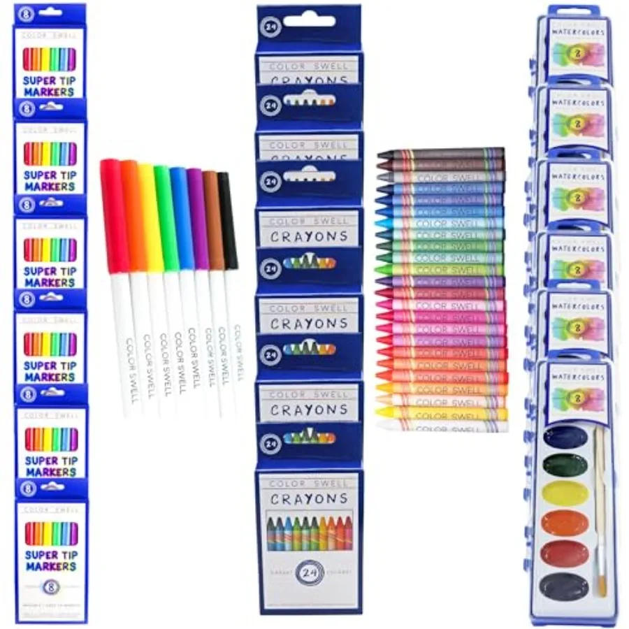 

Набор маркеров Super Tip (48 шт.), акварельные краски (6 шт.), набор цветных карандашей (144 шт.)