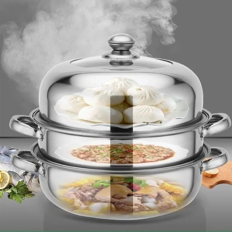 1pc11inch stainless steel three-layer steamer, steaming under boiling, two ears anti-hot, suitable for steamed buns, fish, soup