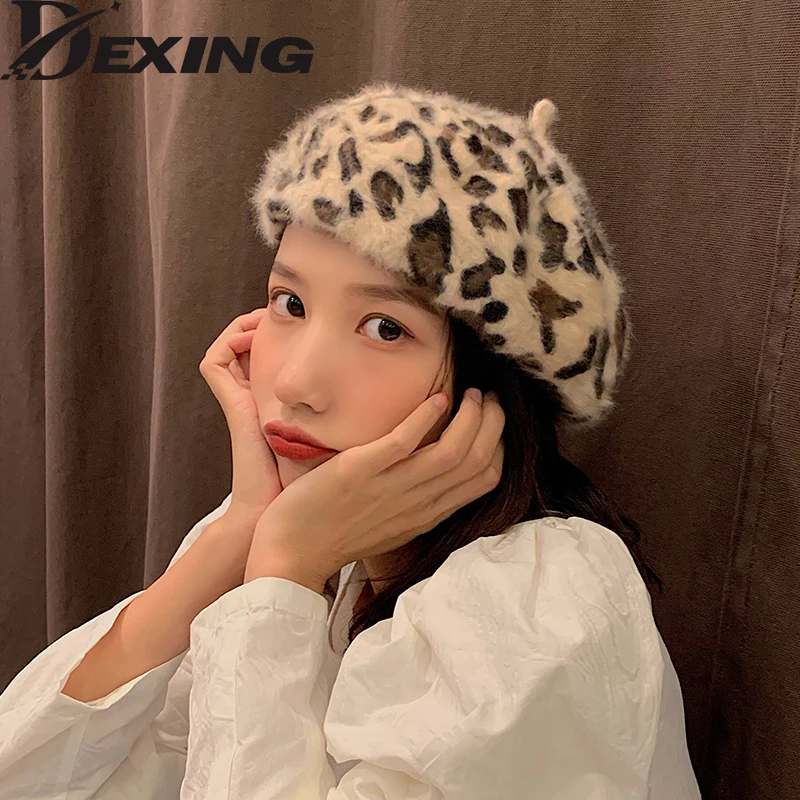 autumn Winter Women Fuzzy Leopard Berets Warm Rabbit fur beret Fashion Walking Cap