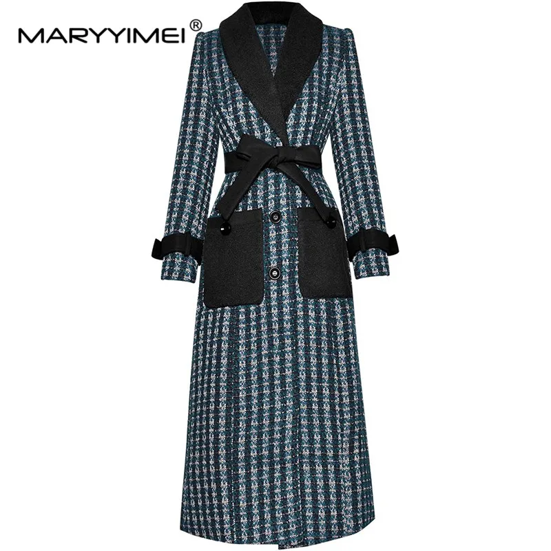 MARYYIMEI-Manteau à carreaux cranté à simple boutonnage pour femme, pardessus à manches longues, à lacets, mince, bleu, rouge, nouveau style, automne, hiver